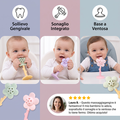 Massaggiagengive e Sonaglio per Neonati 2 in 1 a Forma di Girasole con Base a Ventosa