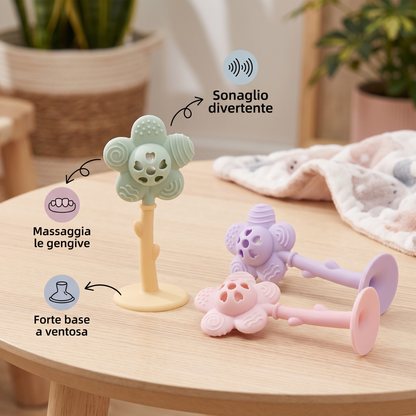 Massaggiagengive e Sonaglio per Neonati 2 in 1 a Forma di Girasole con Base a Ventosa