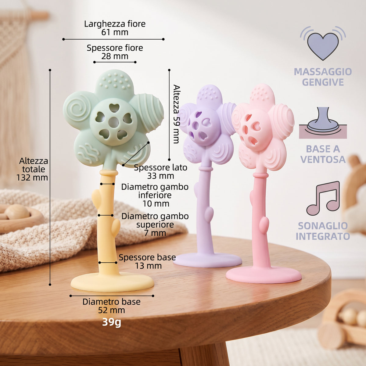 Massaggiagengive e Sonaglio per Neonati 2 in 1 a Forma di Girasole con Base a Ventosa