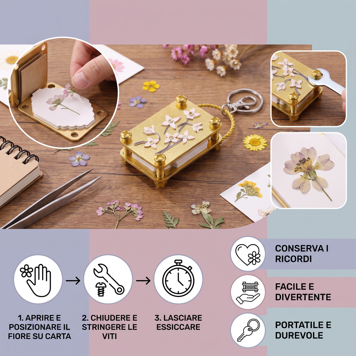 Mini Pressa per Fiori in Metallo – Kit DIY per Creare Composizioni di Fiori Essiccati