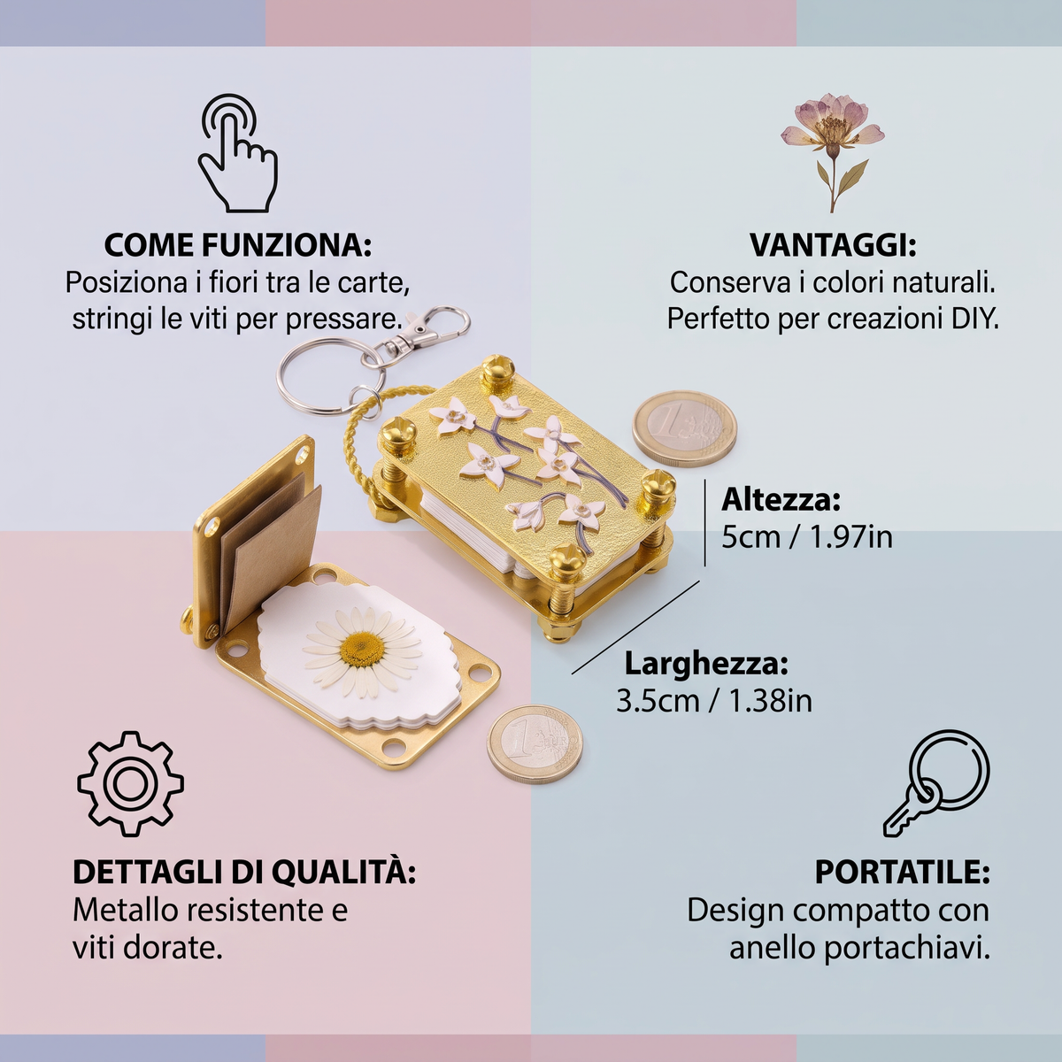 Mini Pressa per Fiori in Metallo – Kit DIY per Creare Composizioni di Fiori Essiccati