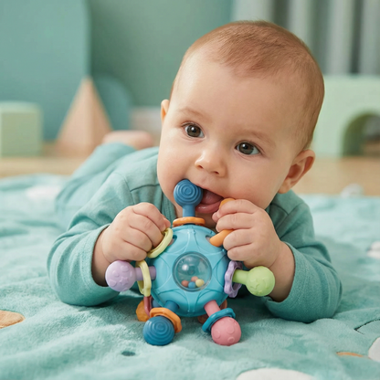 Palla sensoriale per neonati con anello da dentizione in silicone e sonaglio