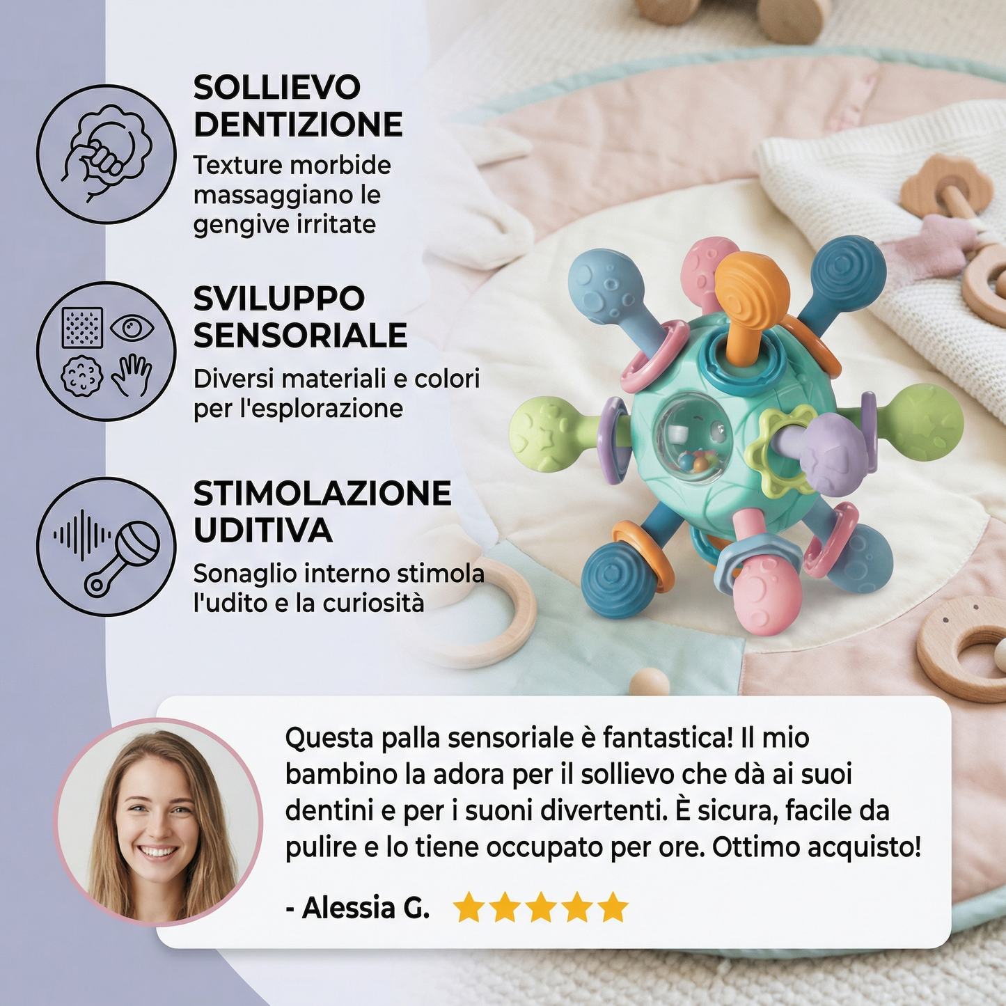 Palla sensoriale per neonati con anello da dentizione in silicone e sonaglio