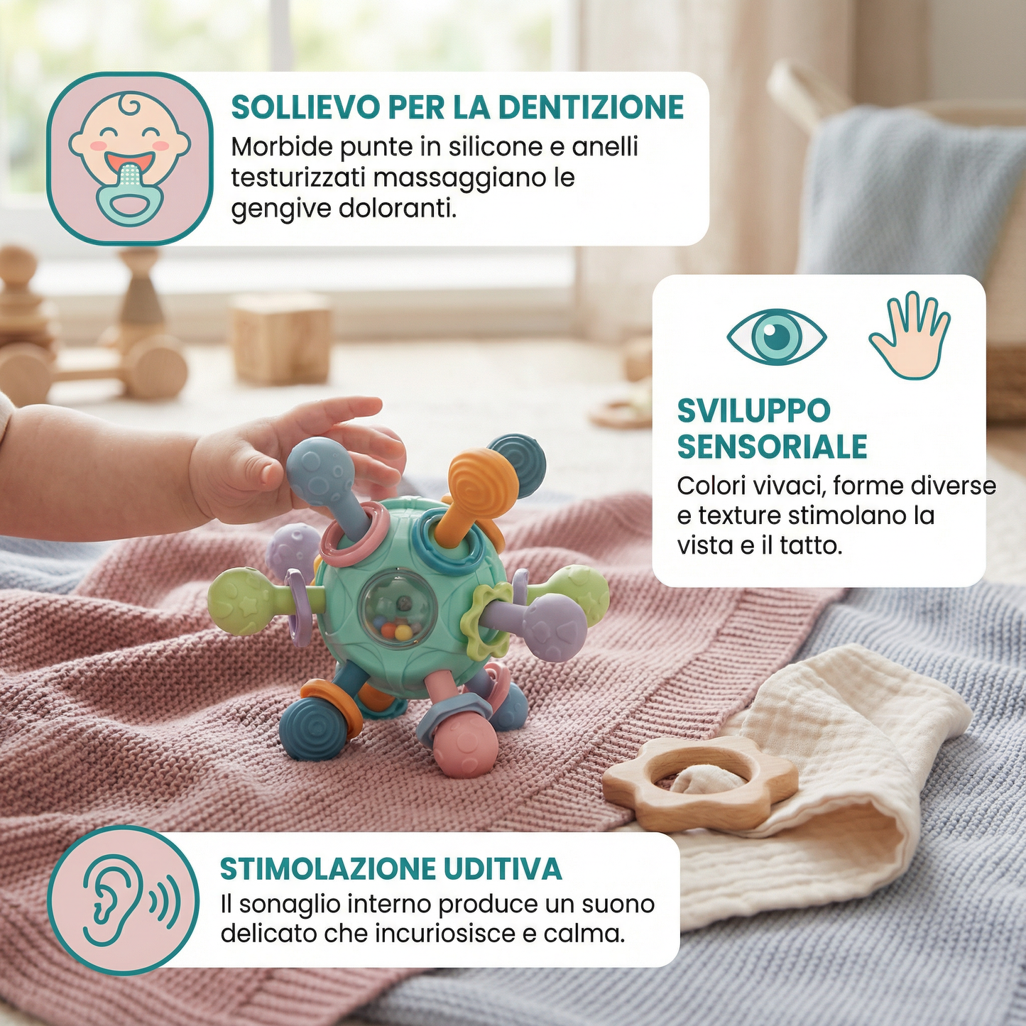 Palla sensoriale per neonati con anello da dentizione in silicone e sonaglio