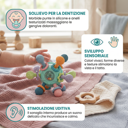 Palla sensoriale per neonati con anello da dentizione in silicone e sonaglio