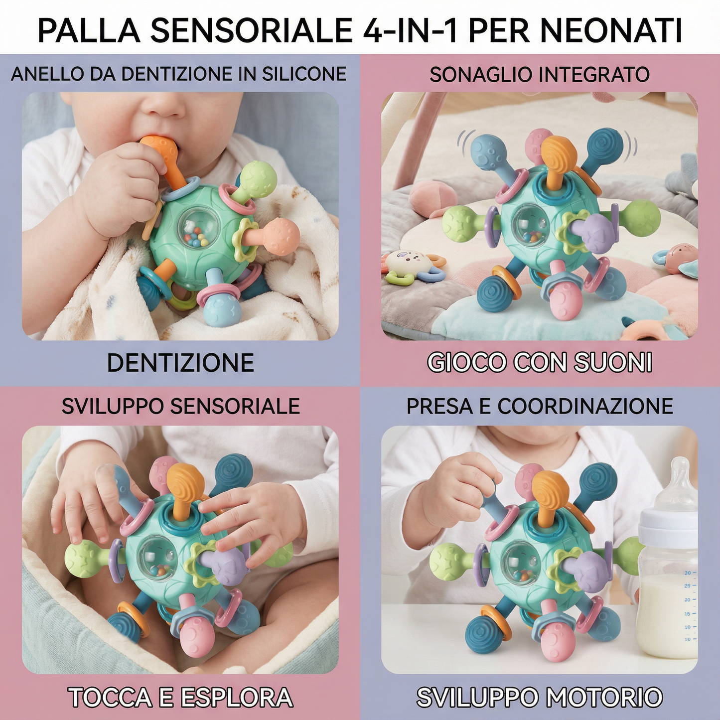 Palla sensoriale per neonati con anello da dentizione in silicone e sonaglio