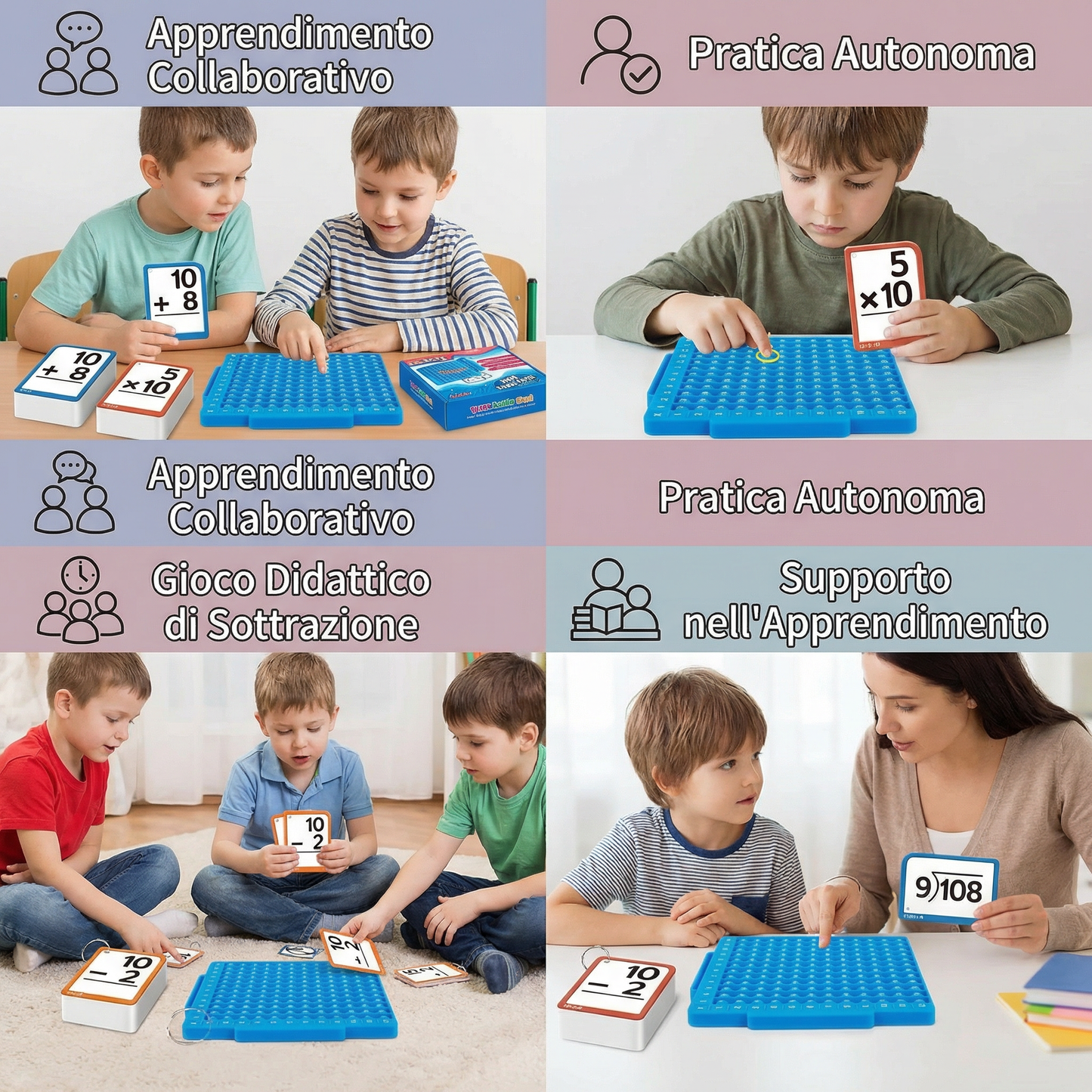 Set di schede didattiche di matematica con tavola di calcolo – addizione, sottrazione, moltiplicazione e divisione