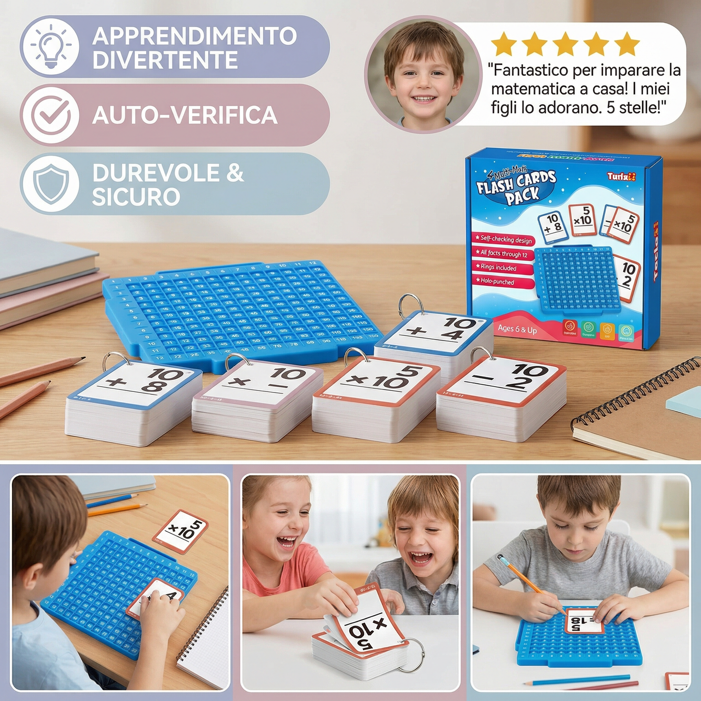Set di schede didattiche di matematica con tavola di calcolo – addizione, sottrazione, moltiplicazione e divisione