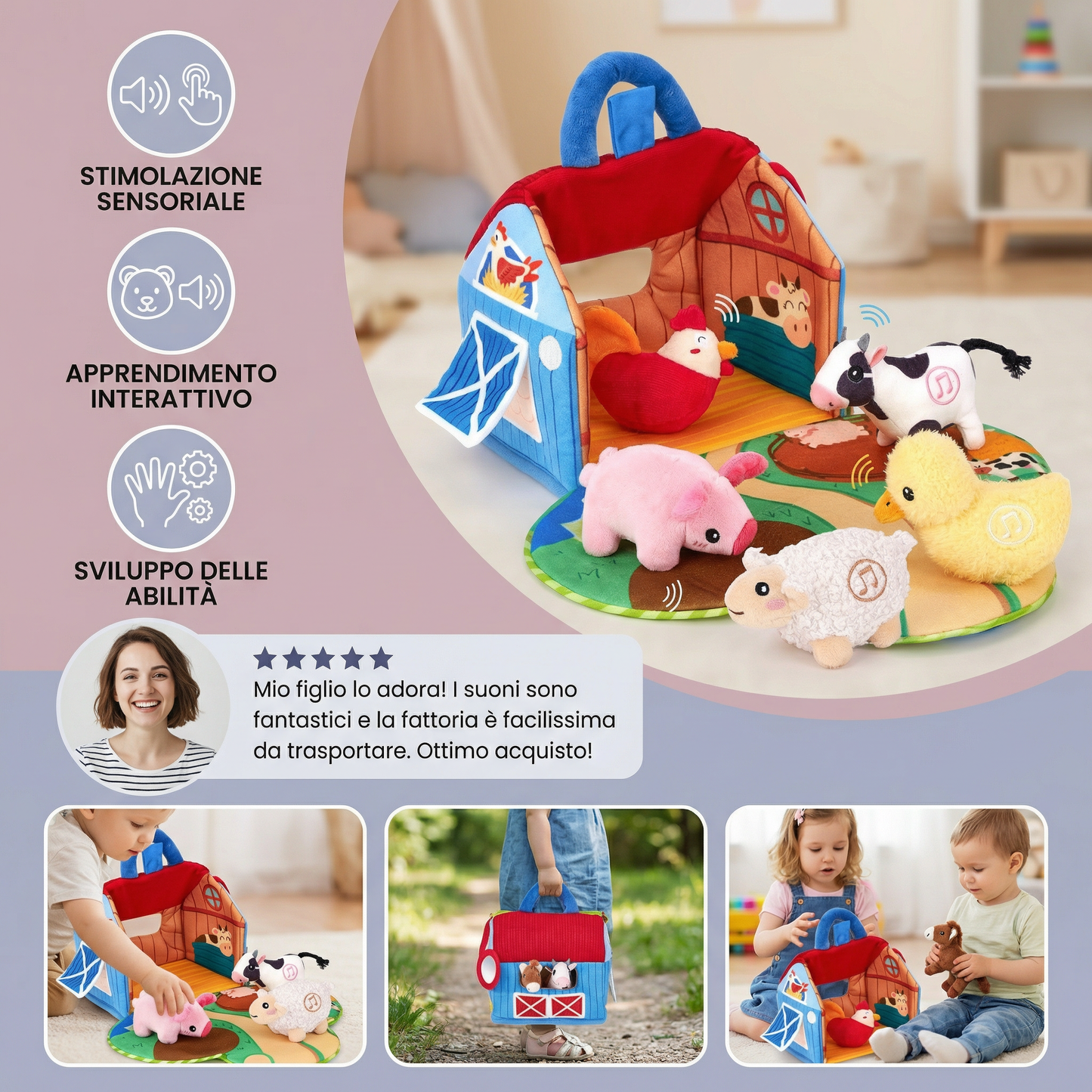 Set di peluche fattoria – giocattolo educativo interattivo con casa da gioco portatile