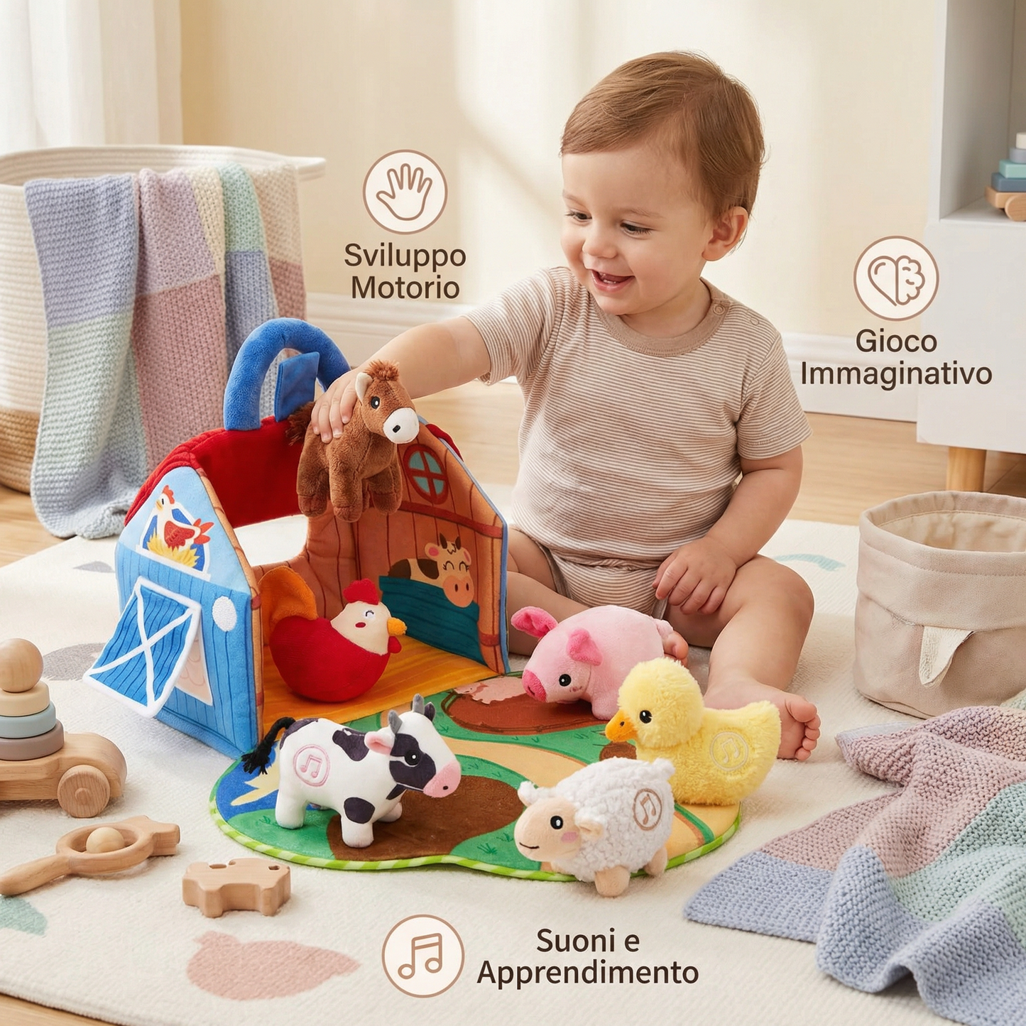 Set di peluche fattoria – giocattolo educativo interattivo con casa da gioco portatile