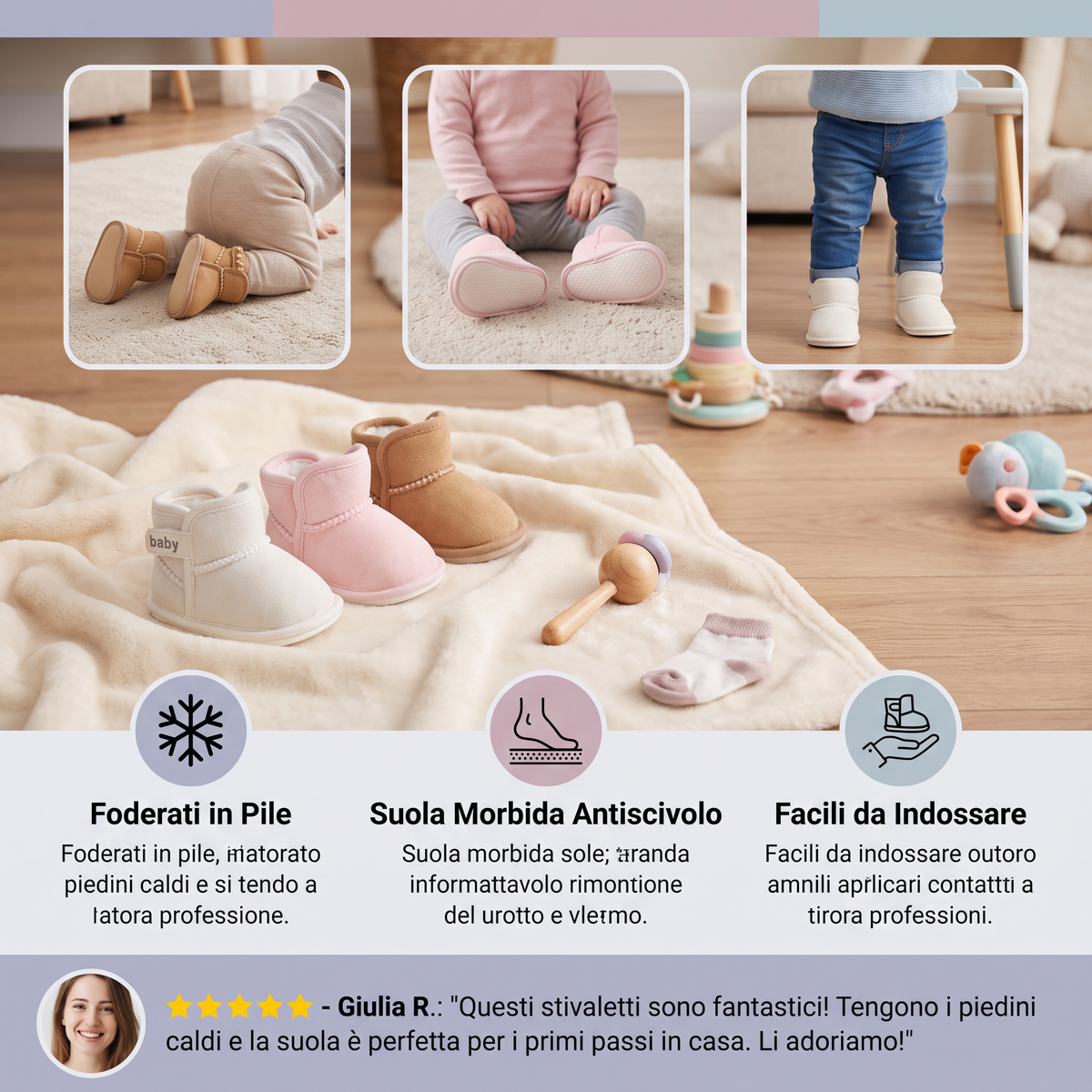 Stivaletti invernali per neonati foderati in pile con suole morbide antiscivolo