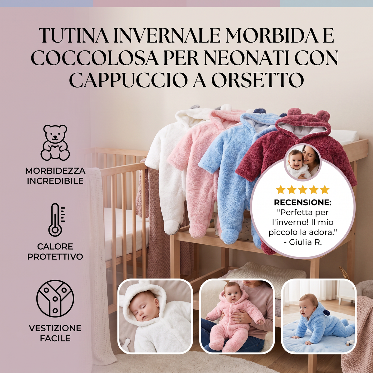 Tutina Invernale Morbida e Coccolosa per Neonati con Cappuccio a Orsetto