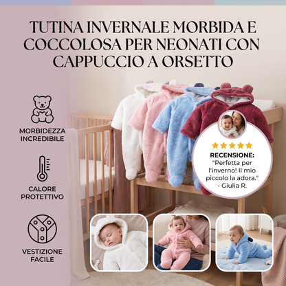 Tutina Invernale Morbida e Coccolosa per Neonati con Cappuccio a Orsetto