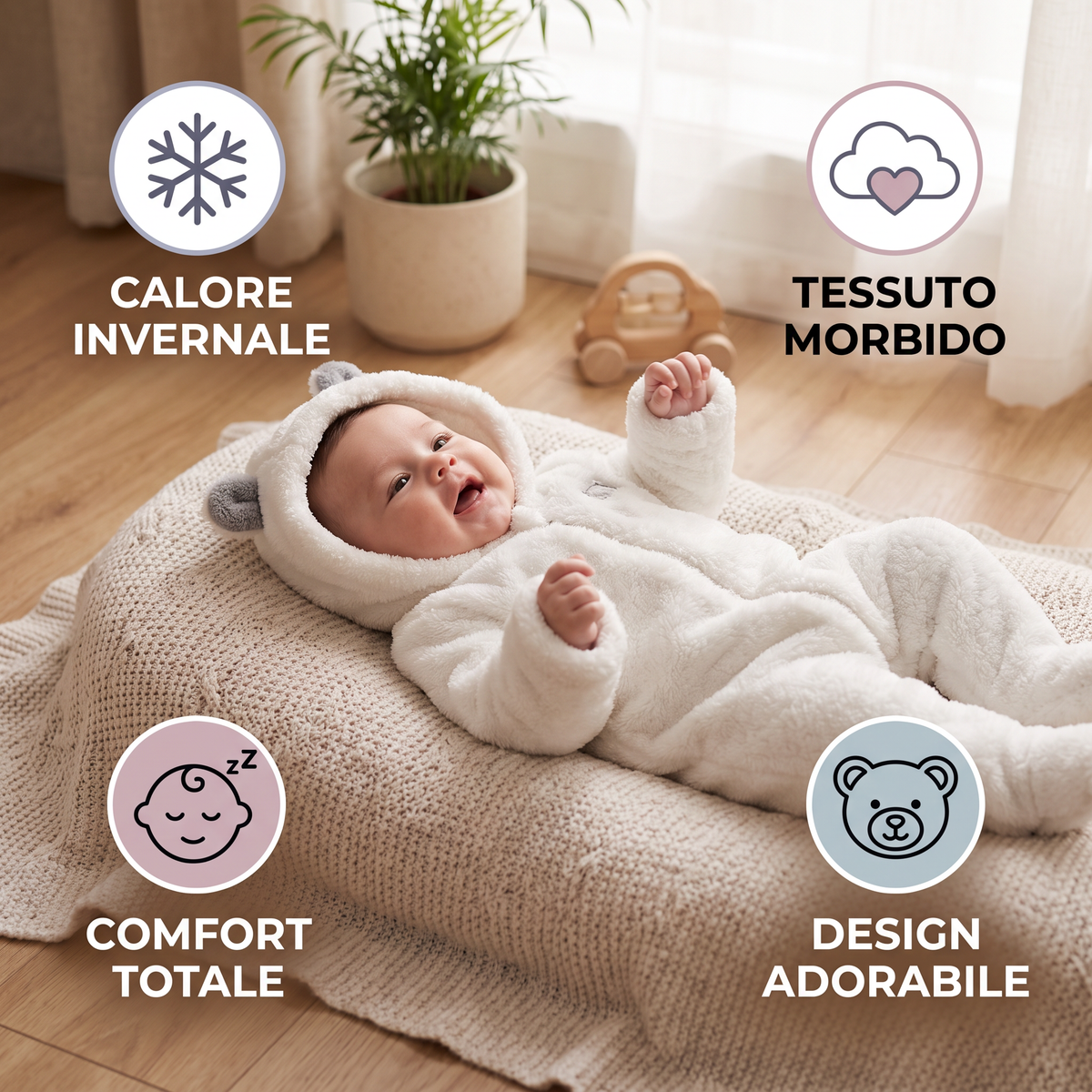 Tutina Invernale Morbida e Coccolosa per Neonati con Cappuccio a Orsetto