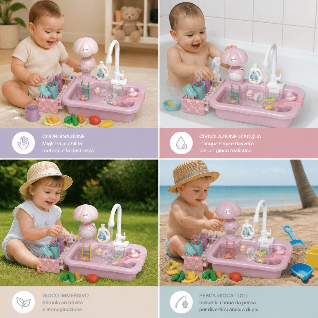Cucina giocattolo per bambini con funzione acqua – Set lavello con circolazione d’acqua elettrica e gioco di pesca