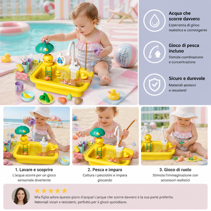 Cucina giocattolo per bambini con funzione acqua – Set lavello con circolazione d’acqua elettrica e gioco di pesca