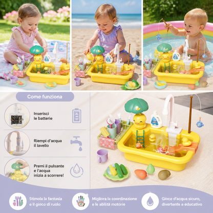 Cucina giocattolo per bambini con funzione acqua – Set lavello con circolazione d’acqua elettrica e gioco di pesca