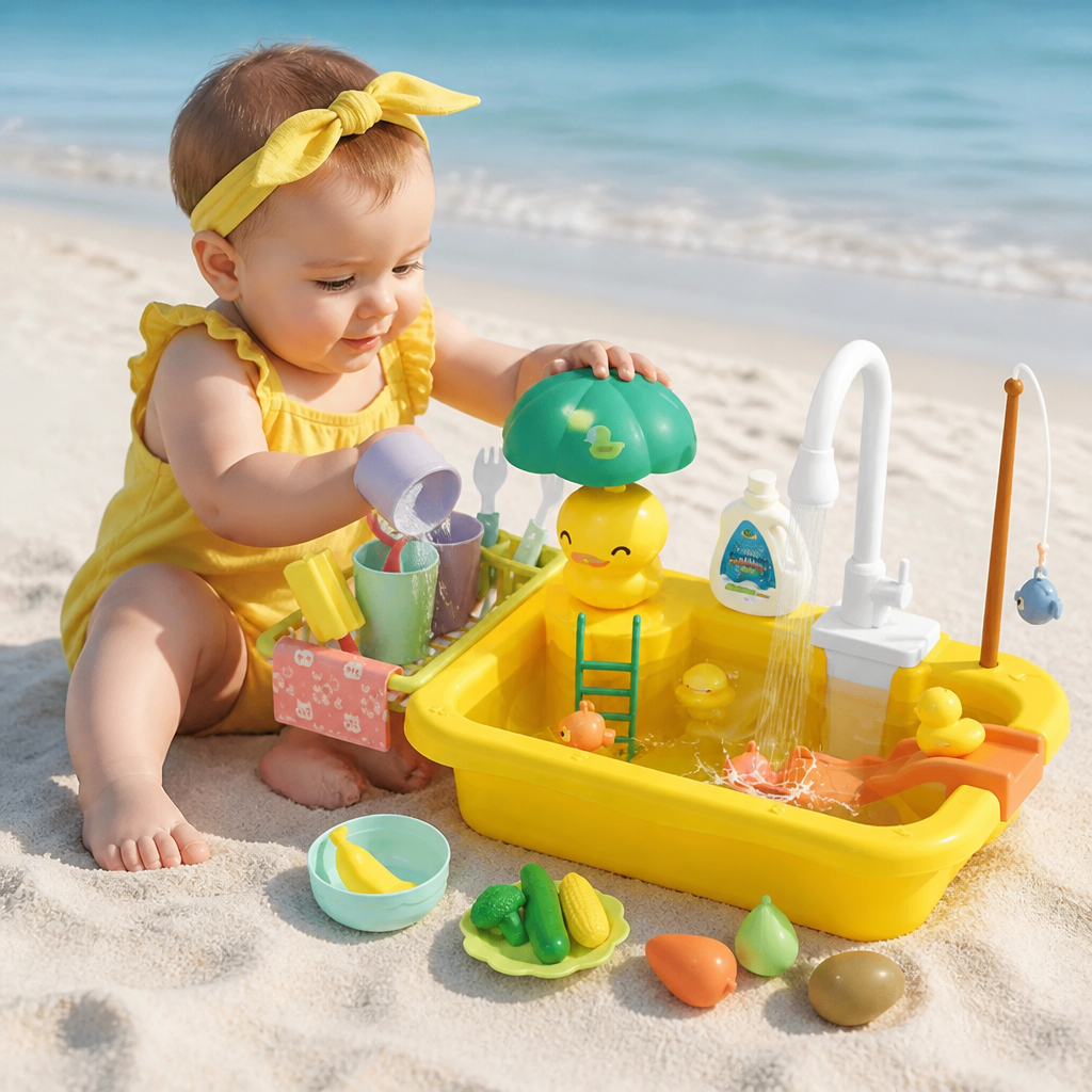 Cucina giocattolo per bambini con funzione acqua – Set lavello con circolazione d’acqua elettrica e gioco di pesca