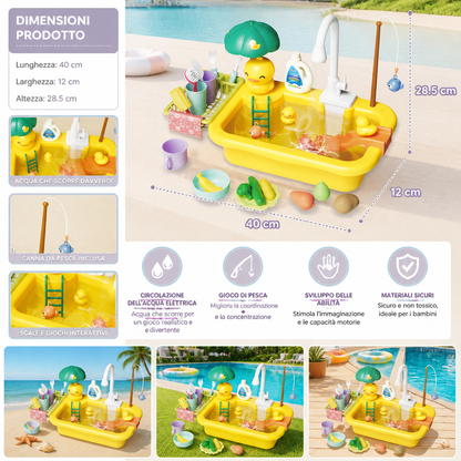 Cucina giocattolo per bambini con funzione acqua – Set lavello con circolazione d’acqua elettrica e gioco di pesca