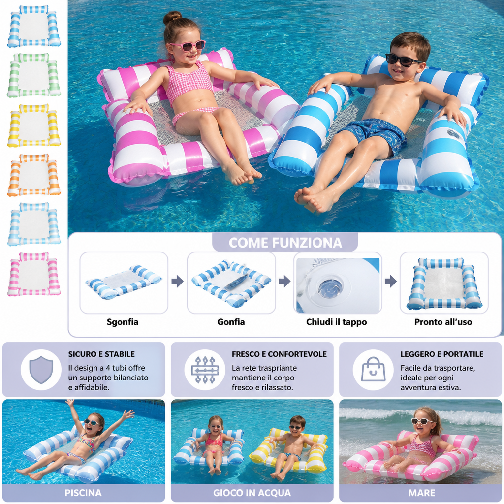 Sedia Gonfiabile per Piscina per Bambini – Amaca d'Acqua con Superficie in Rete