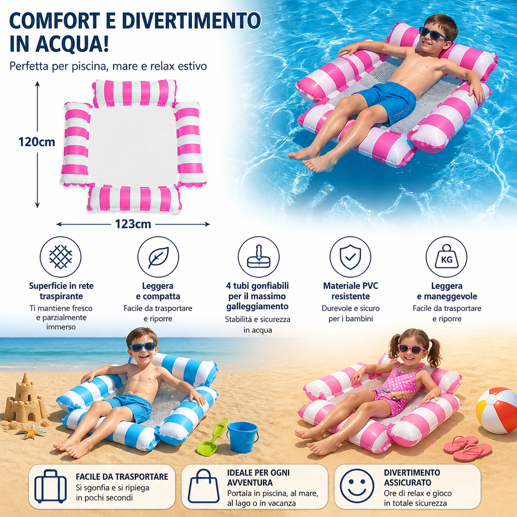 Sedia Gonfiabile per Piscina per Bambini – Amaca d'Acqua con Superficie in Rete