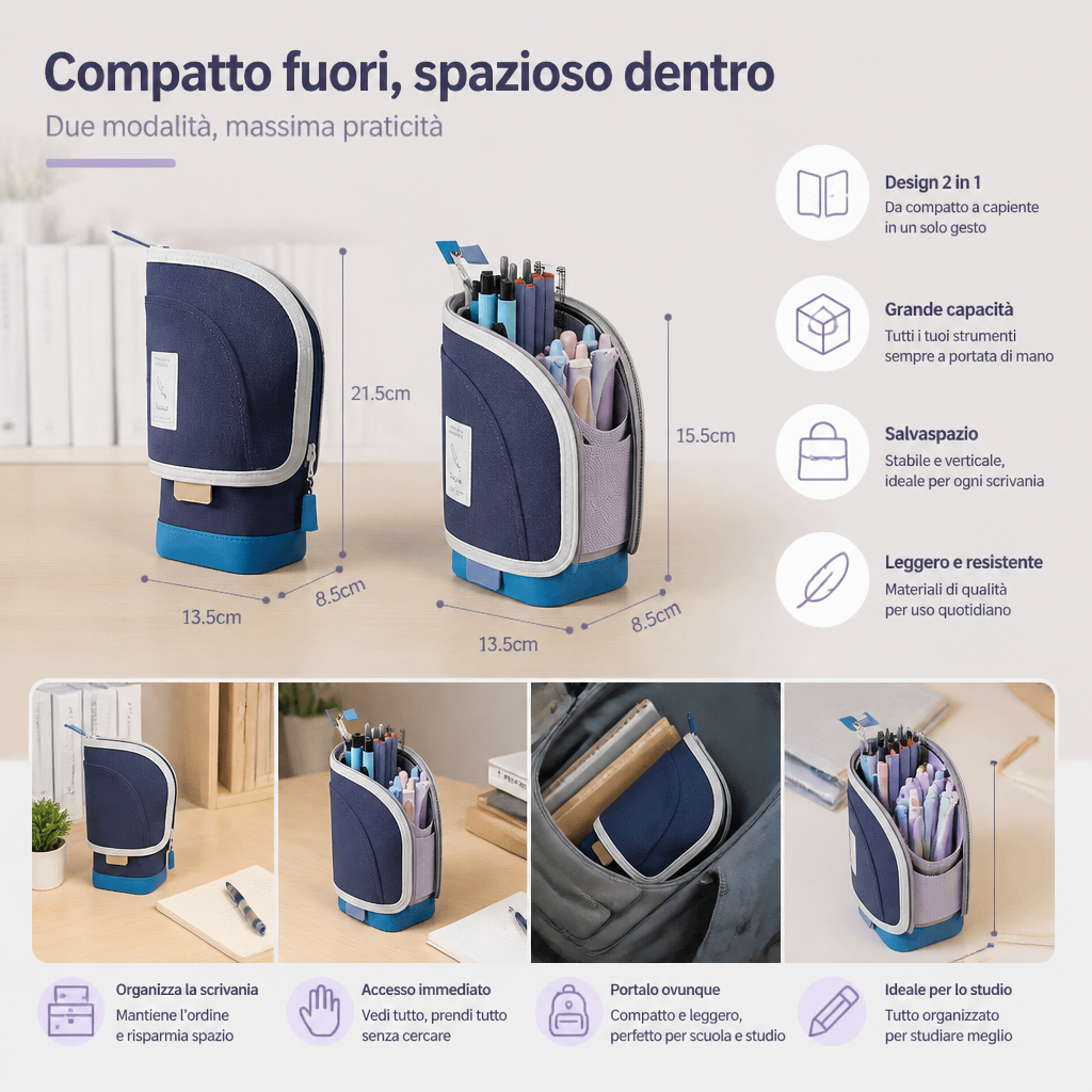Astuccio pop-up 2 in 1 con portapenne – organizzatore da scrivania salvaspazio