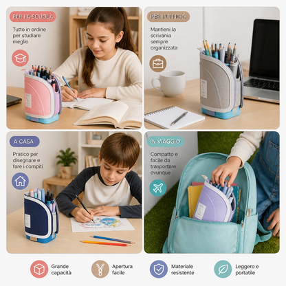 Astuccio pop-up 2 in 1 con portapenne – organizzatore da scrivania salvaspazio