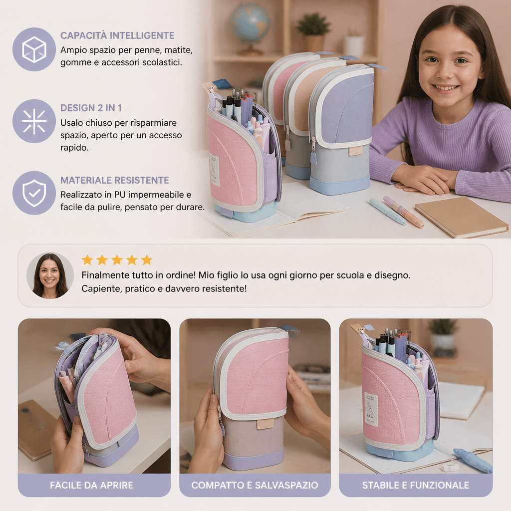 Astuccio pop-up 2 in 1 con portapenne – organizzatore da scrivania salvaspazio