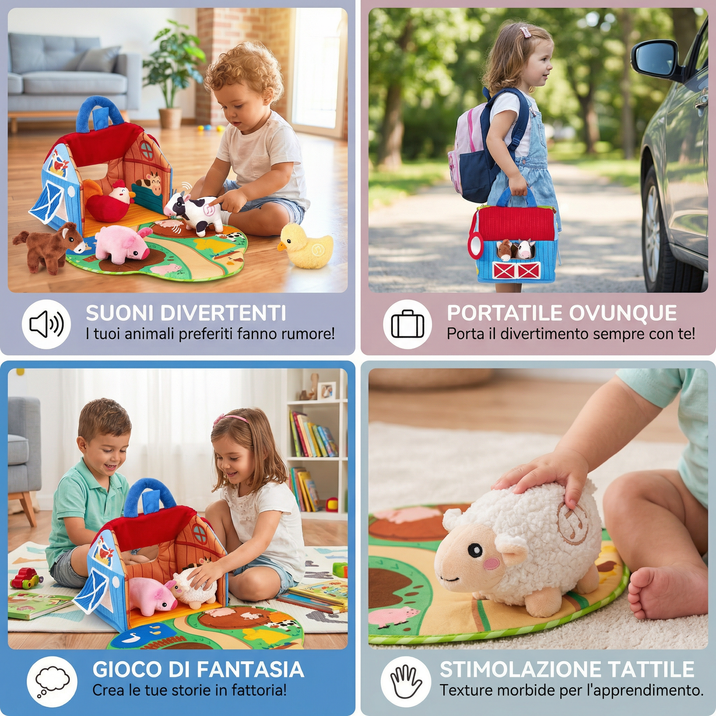 Set di peluche fattoria – giocattolo educativo interattivo con casa da gioco portatile