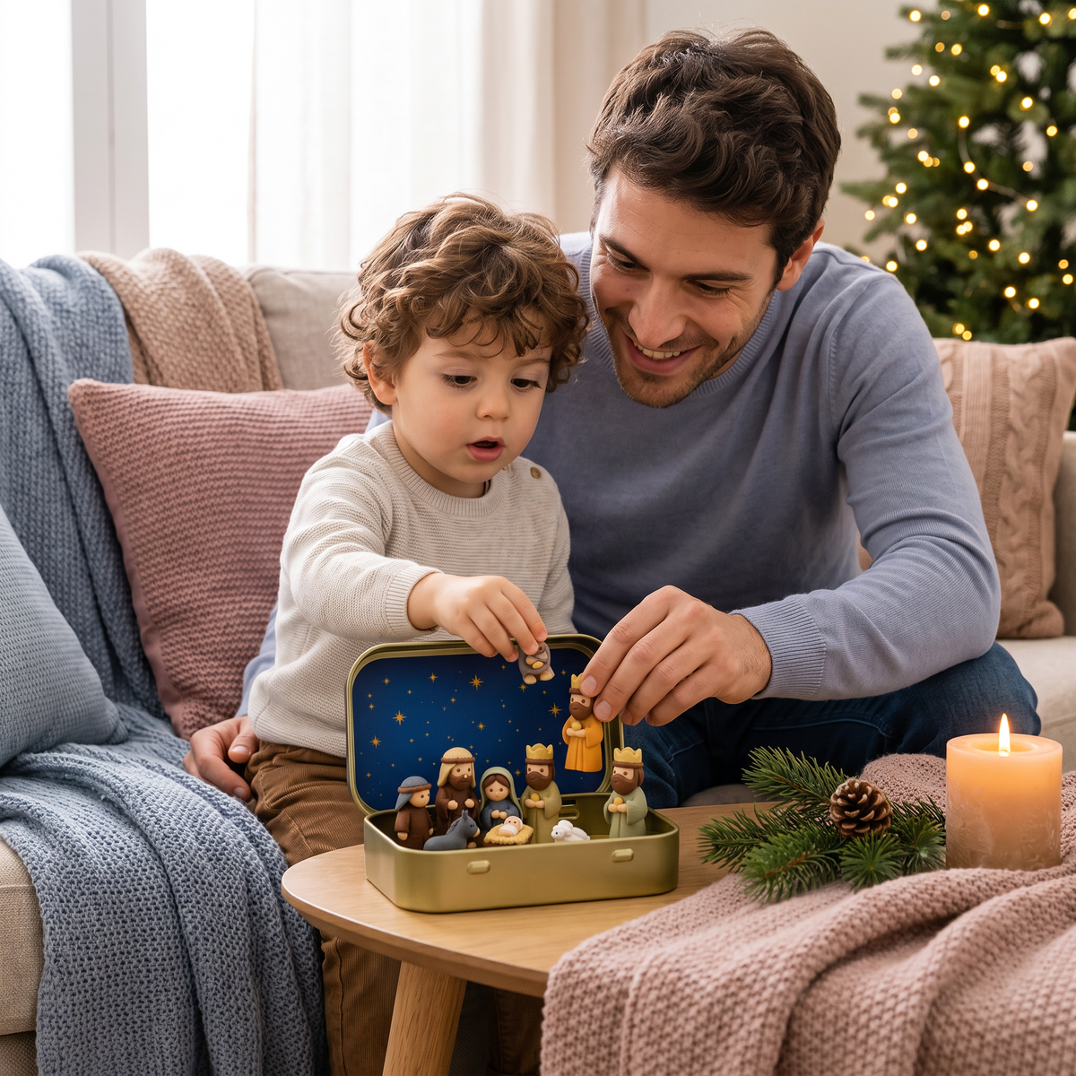 Mini Presepe Natalizio in Scatola – Set di Figure Natalizie Dipinte a Mano