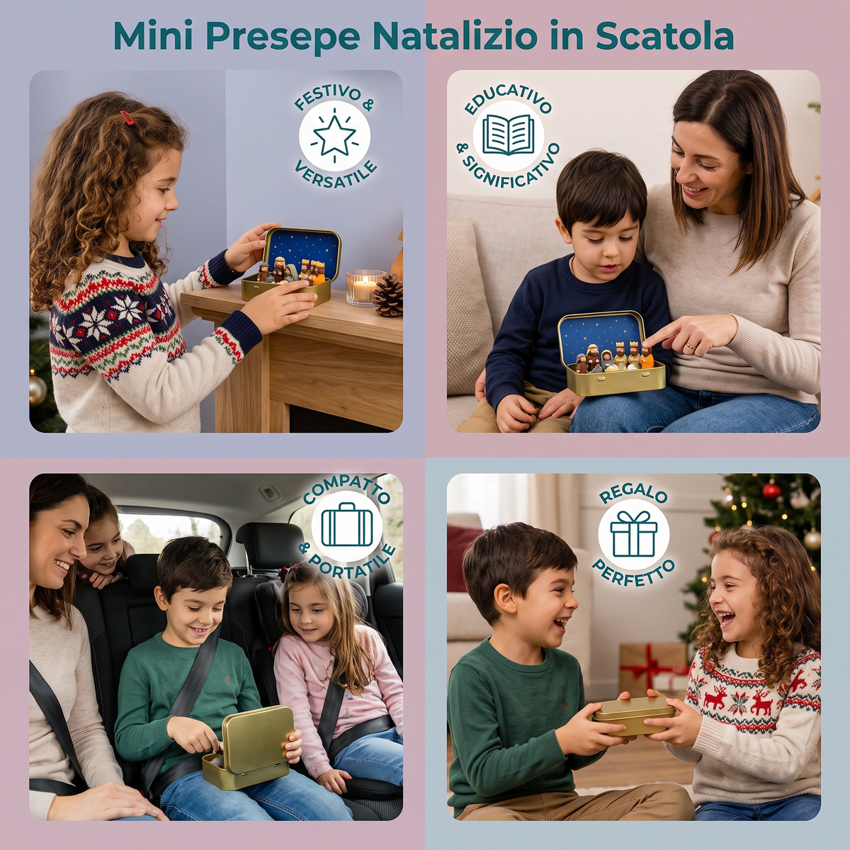 Mini Presepe Natalizio in Scatola – Set di Figure Natalizie Dipinte a Mano