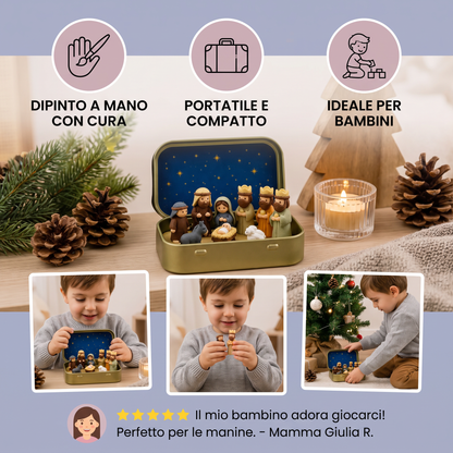 Mini Presepe Natalizio in Scatola – Set di Figure Natalizie Dipinte a Mano