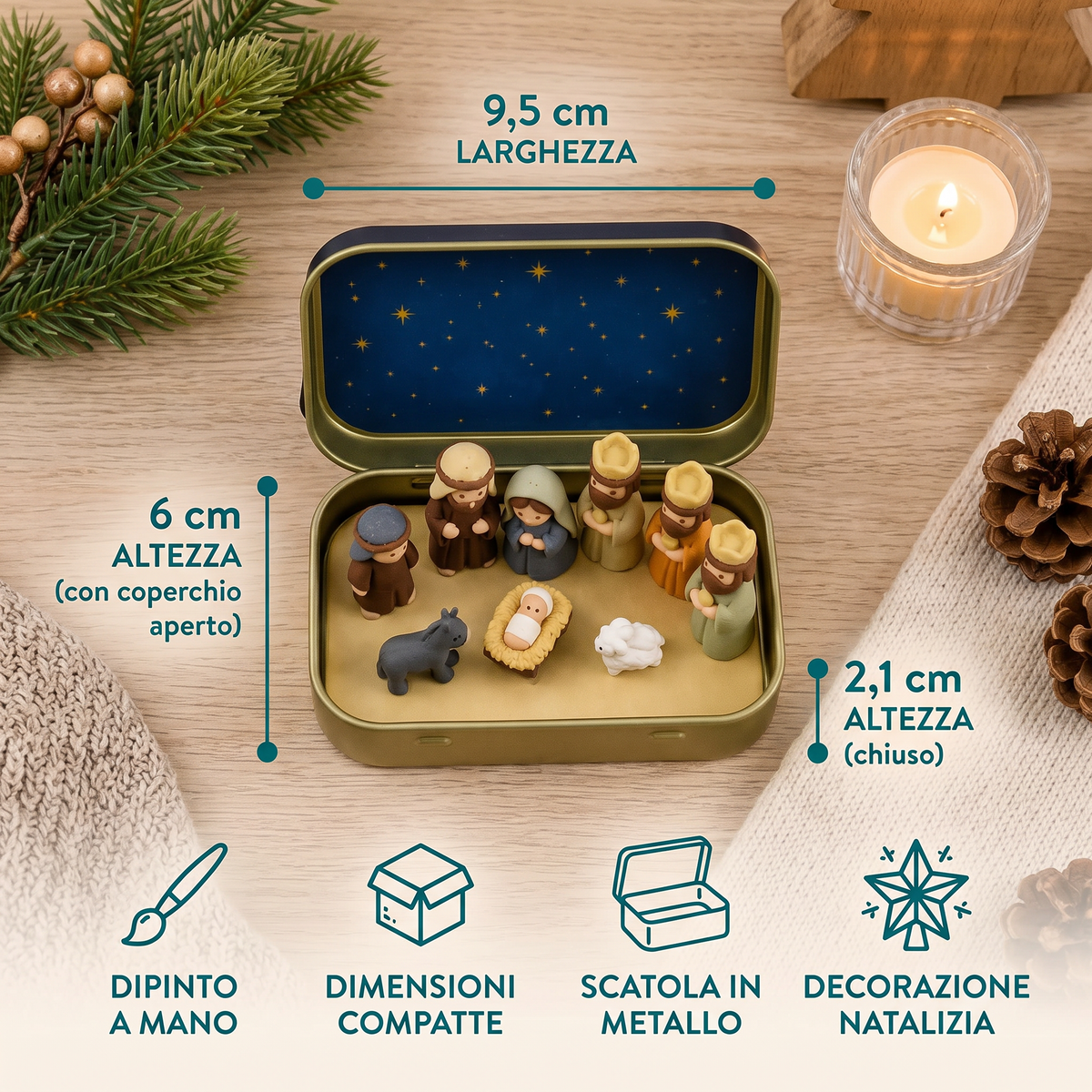 Mini Presepe Natalizio in Scatola – Set di Figure Natalizie Dipinte a Mano