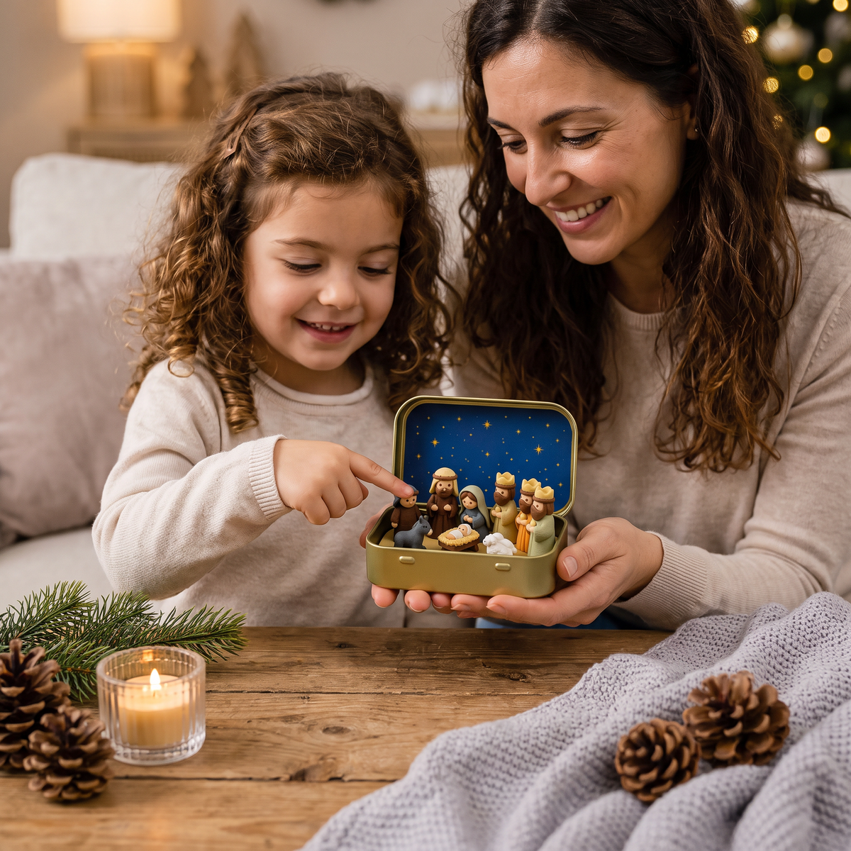 Mini Presepe Natalizio in Scatola – Set di Figure Natalizie Dipinte a Mano