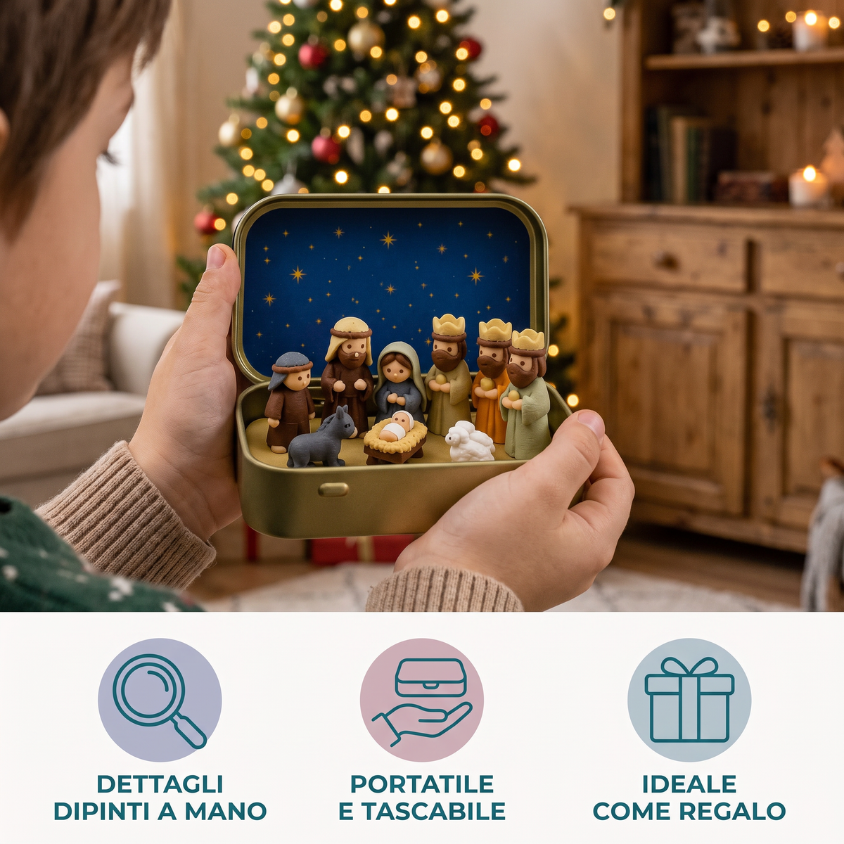 Mini Presepe Natalizio in Scatola – Set di Figure Natalizie Dipinte a Mano