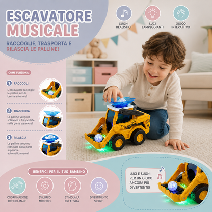 Escavatore Giocattolo Musicale con Luci e Funzione di Raccolta Continua delle Palline