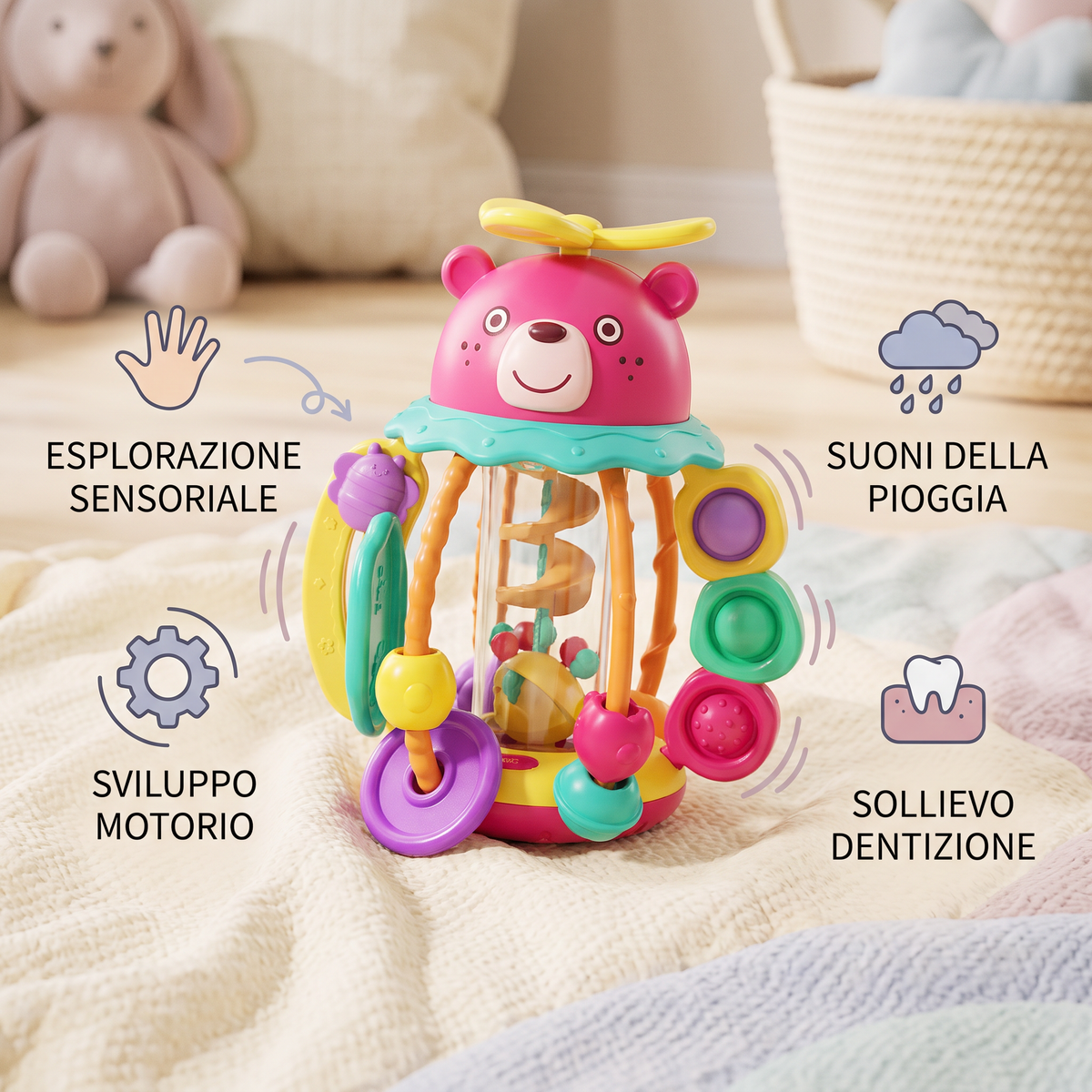 Giocattolo da Dentizione Multisensoriale 3 in 1 con Cordini da Tirare, Sonaglio e Suoni della Pioggia per Neonati