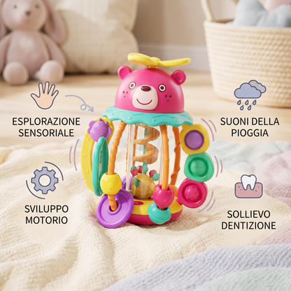 Giocattolo da Dentizione Multisensoriale 3 in 1 con Cordini da Tirare, Sonaglio e Suoni della Pioggia per Neonati