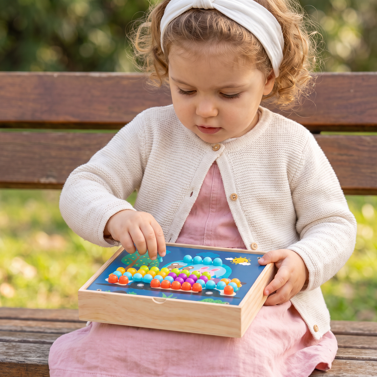 Tavola Sensoriale Montessori 4 in 1 in Legno da Viaggio con Ingranaggi e Pioli Colorati