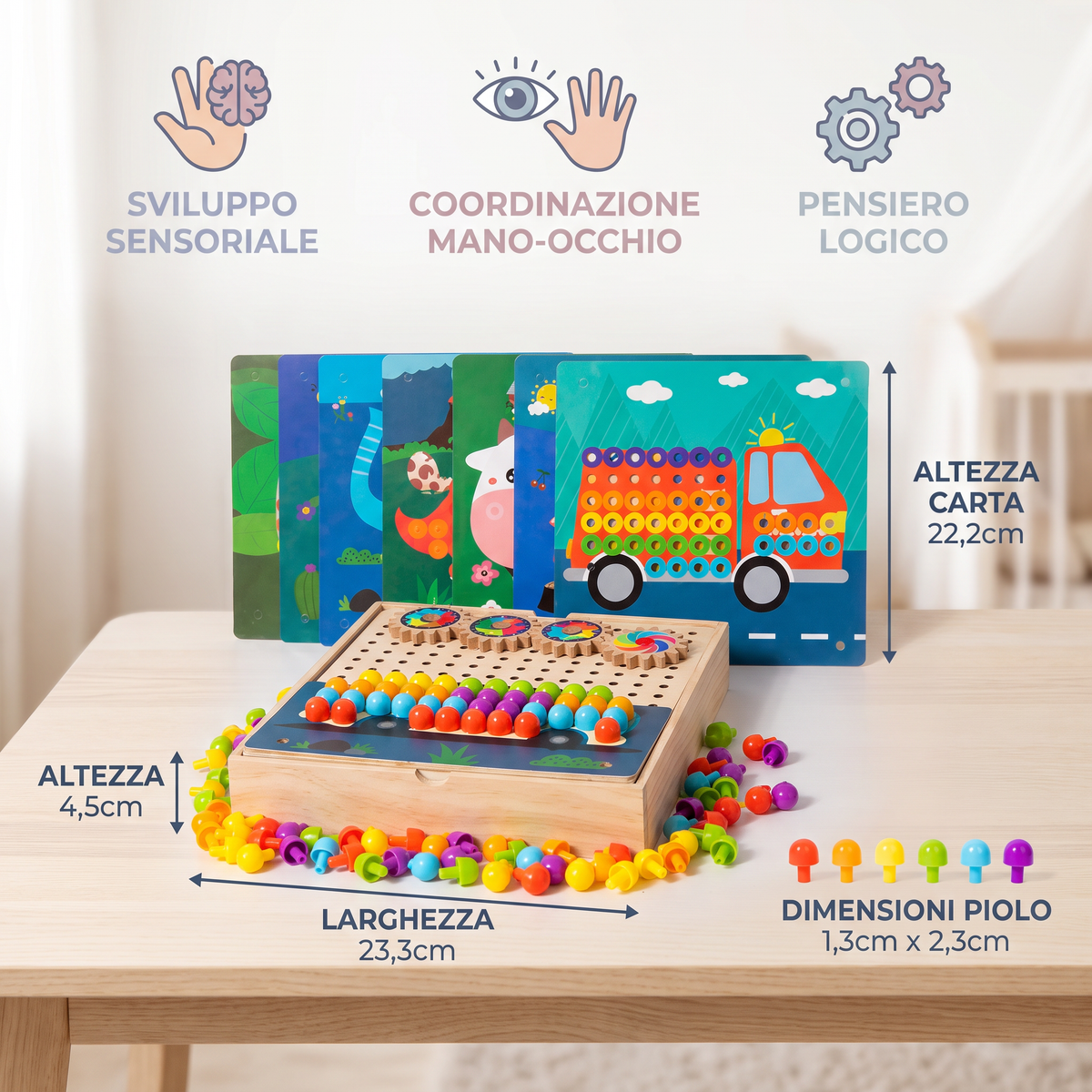 Tavola Sensoriale Montessori 4 in 1 in Legno da Viaggio con Ingranaggi e Pioli Colorati