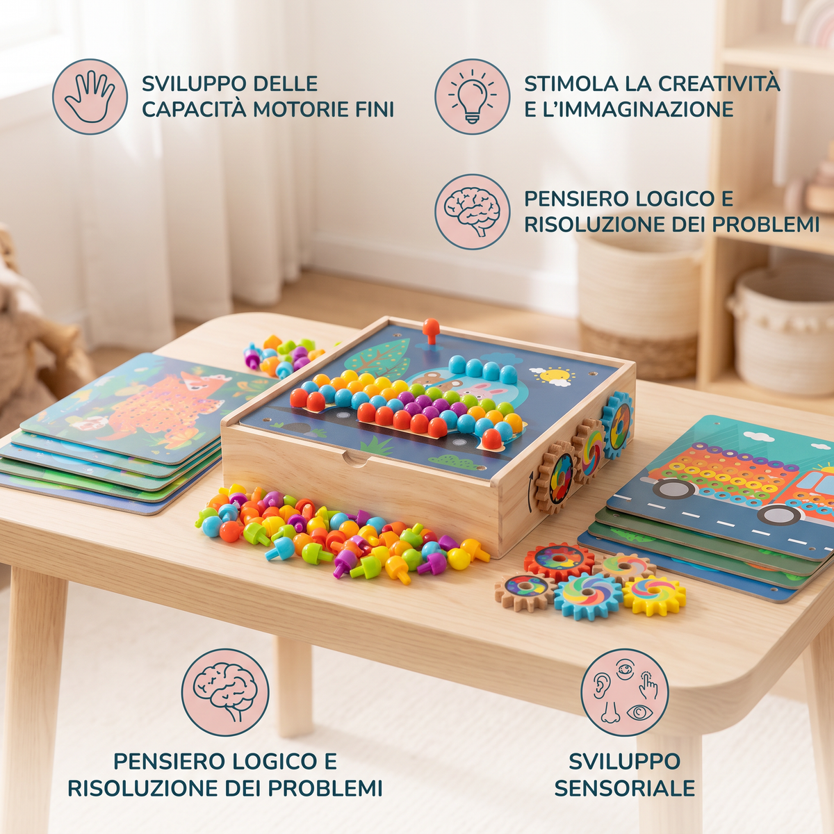 Tavola Sensoriale Montessori 4 in 1 in Legno da Viaggio con Ingranaggi e Pioli Colorati