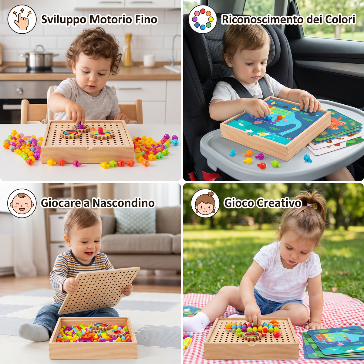 Tavola Sensoriale Montessori 4 in 1 in Legno da Viaggio con Ingranaggi e Pioli Colorati