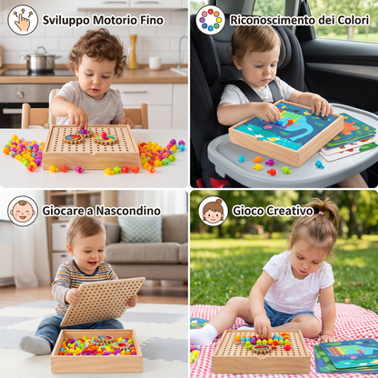 Tavola Sensoriale Montessori 4 in 1 in Legno da Viaggio con Ingranaggi e Pioli Colorati
