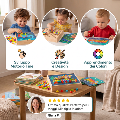 Tavola Sensoriale Montessori 4 in 1 in Legno da Viaggio con Ingranaggi e Pioli Colorati