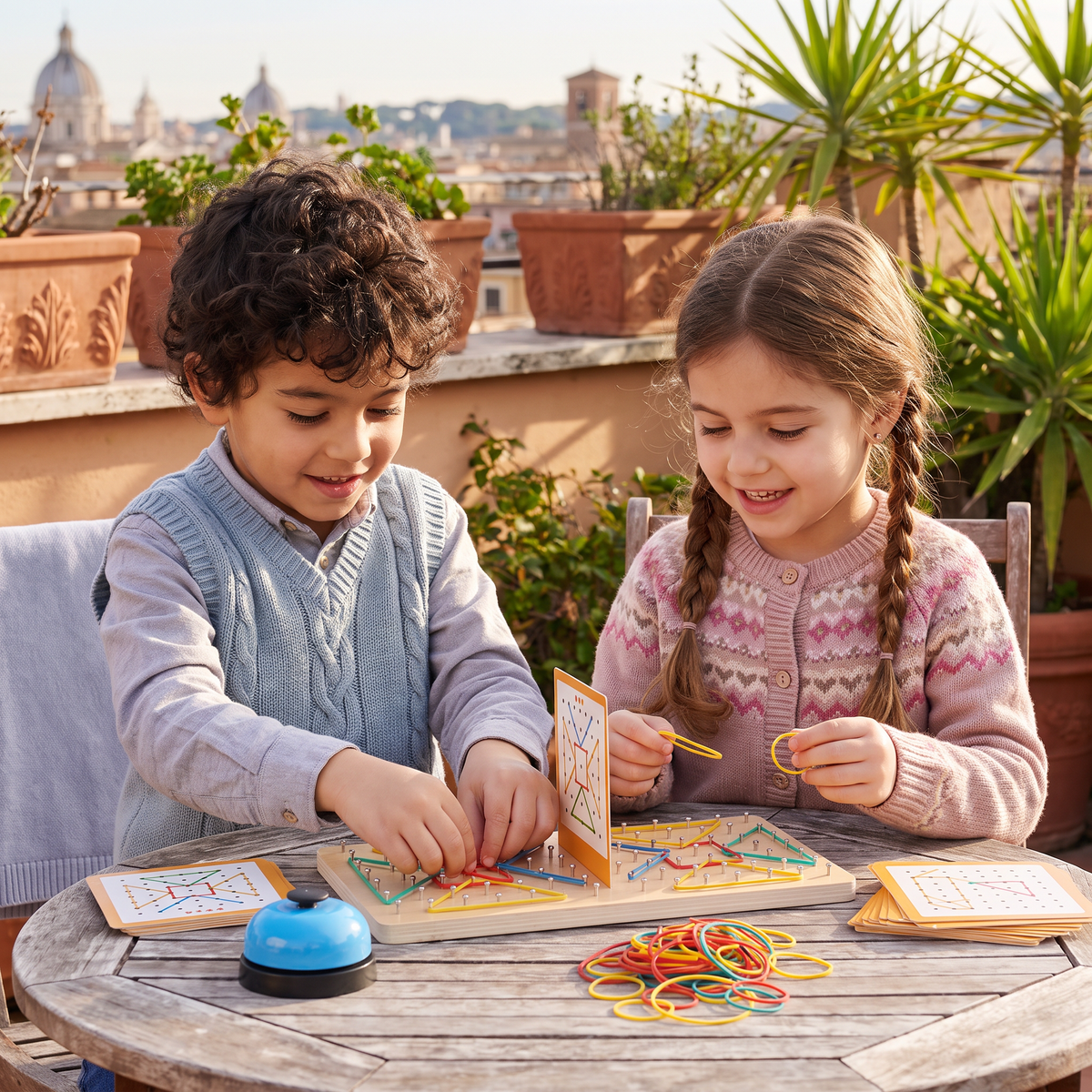 Gioco Montessori di Geometria in Legno con Elastici Colorati