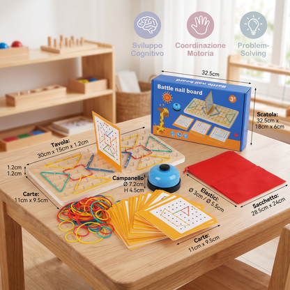 Gioco Montessori di Geometria in Legno con Elastici Colorati