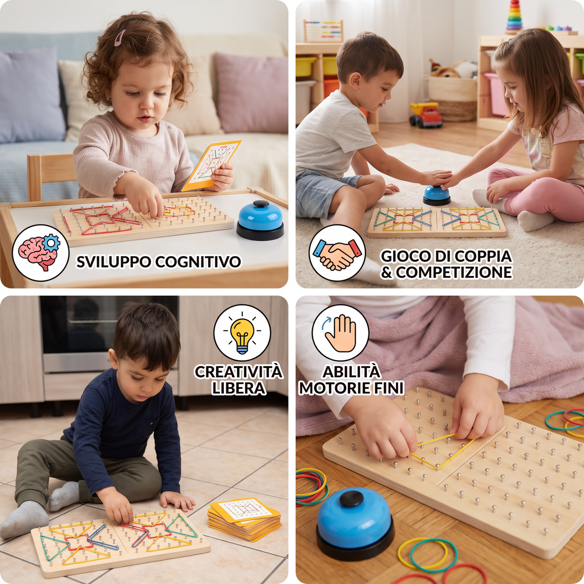 Gioco Montessori di Geometria in Legno con Elastici Colorati