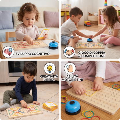Gioco Montessori di Geometria in Legno con Elastici Colorati