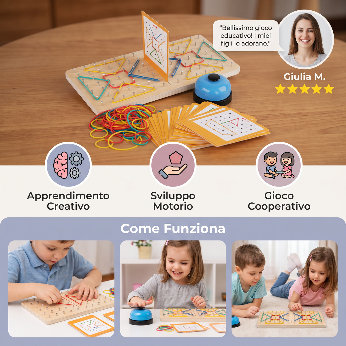 Gioco Montessori di Geometria in Legno con Elastici Colorati
