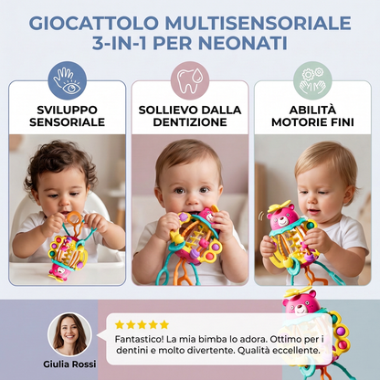 Giocattolo da Dentizione Multisensoriale 3 in 1 con Cordini da Tirare, Sonaglio e Suoni della Pioggia per Neonati